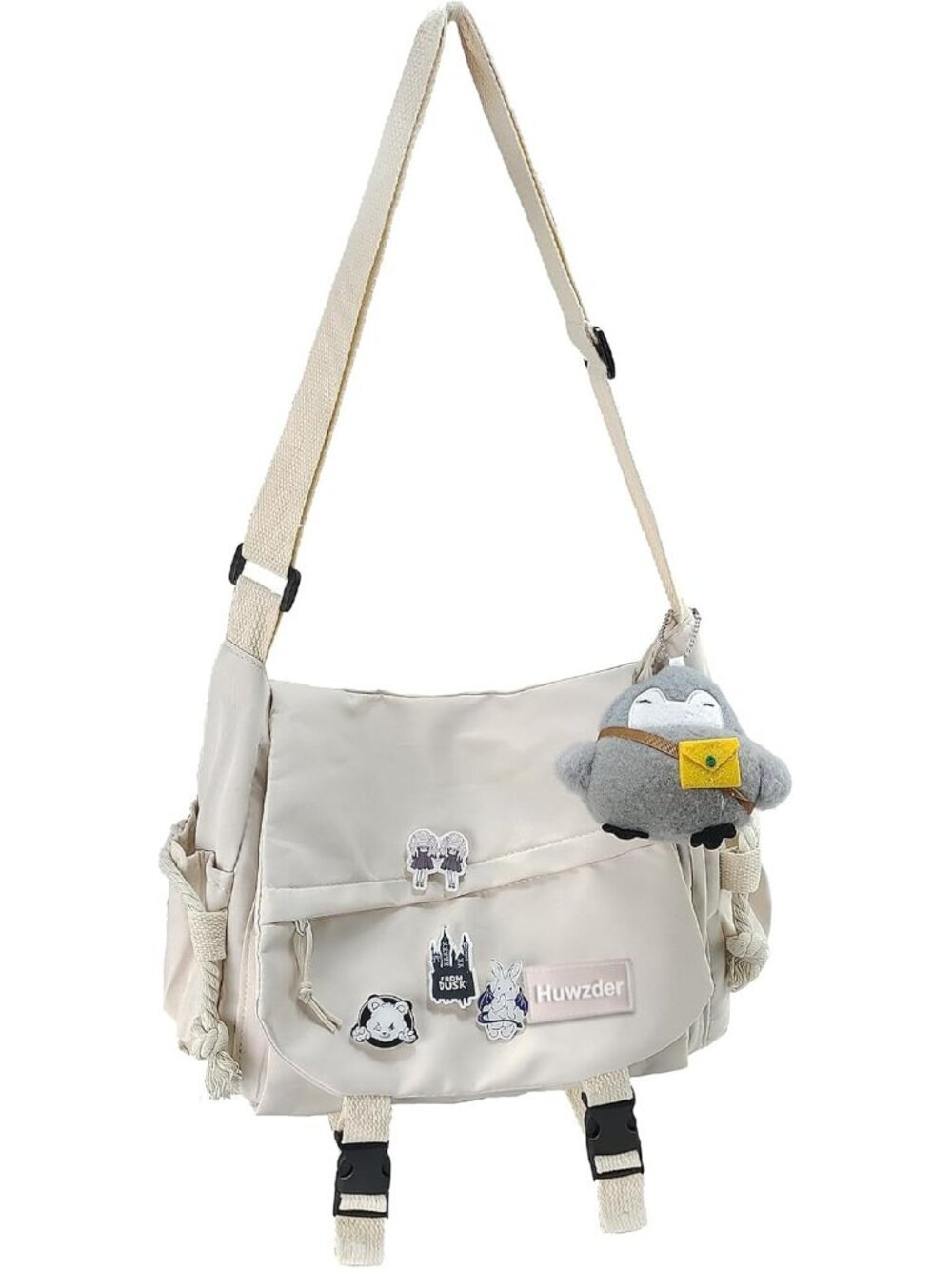 Women's Beige Zipper Cute Pins Aesthetic Shoulder Crossbody Bag